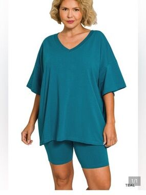Zenana - COTTON ROUND NECK TOP & BIKER SHORTS Teal